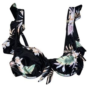 Ibiza Swimwear Black Tropical Floral Ruffled Swim Top Size Medium